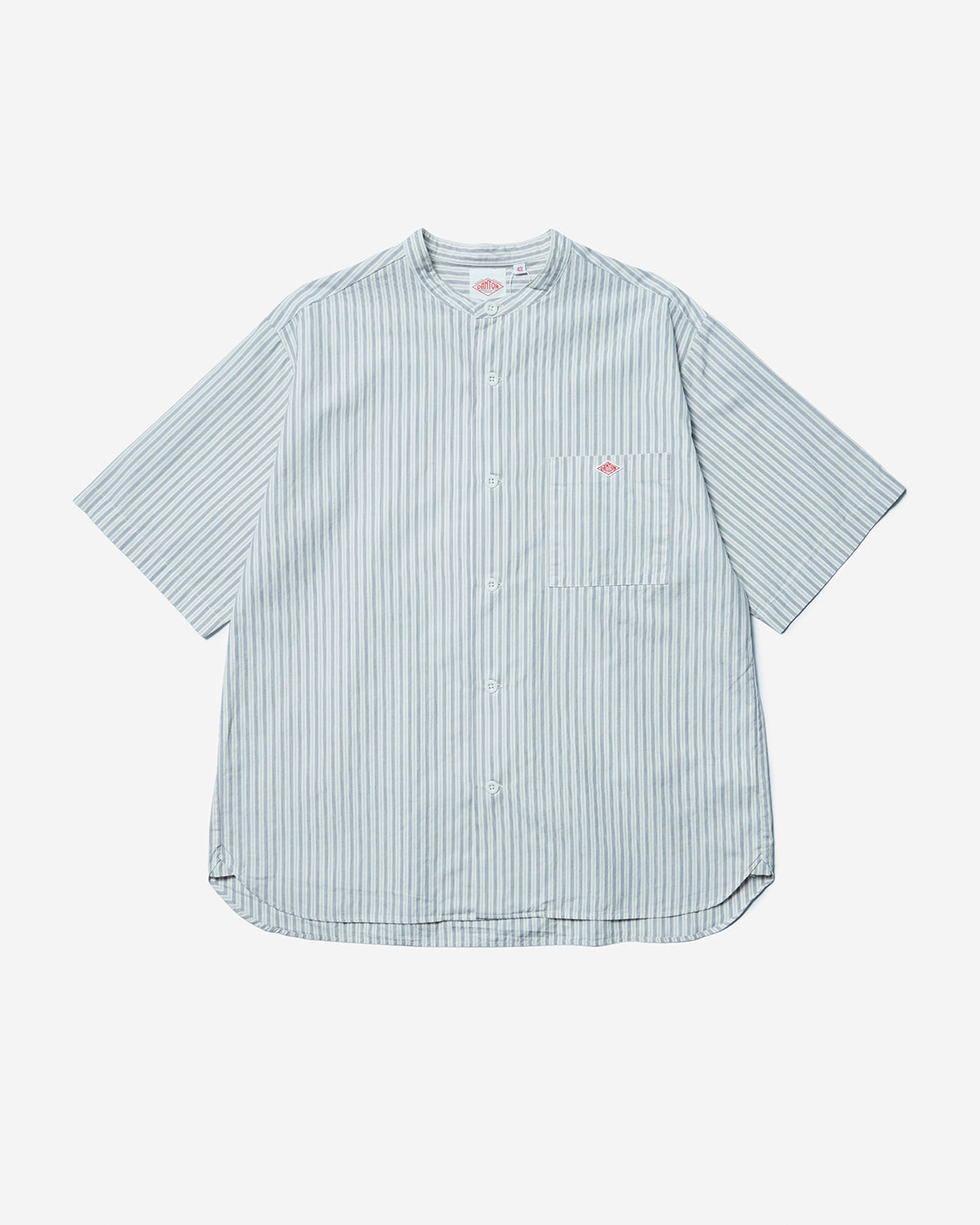 Mens Cotton Linen Short Sleeve Band Collar Shirt Stripe - Ecru/Charcoal Stripe