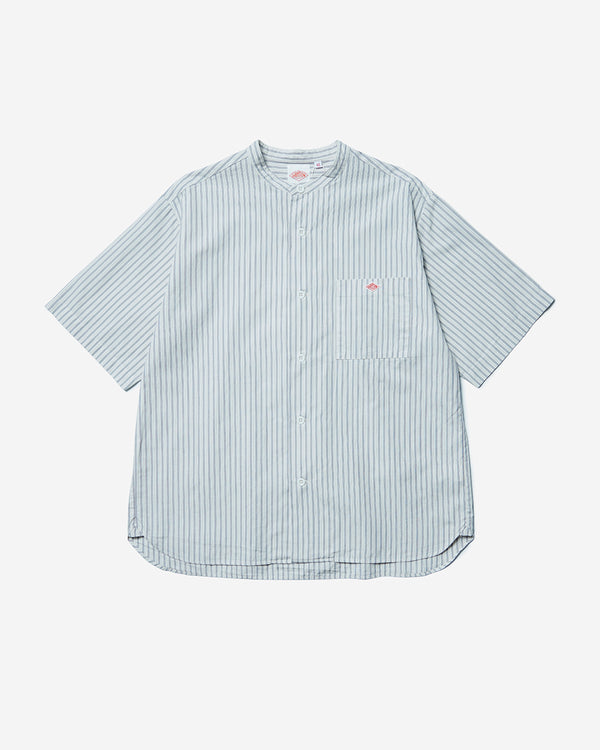 Mens Cotton Linen Short Sleeve Band Collar Shirt Stripe - Ecru/Charcoal Stripe