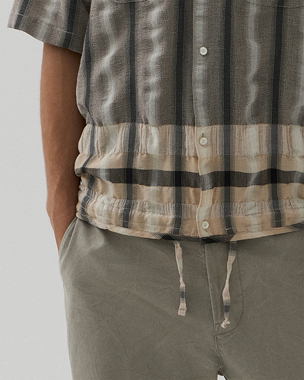 Drawstring Open Collar Shirt - Beige & Black Check
