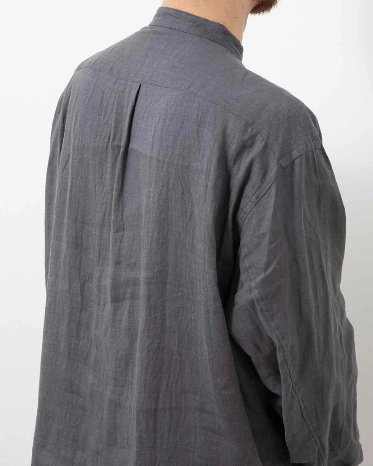 Officer Stand Collar L/S Shirt Linen Canvas - Charcoal