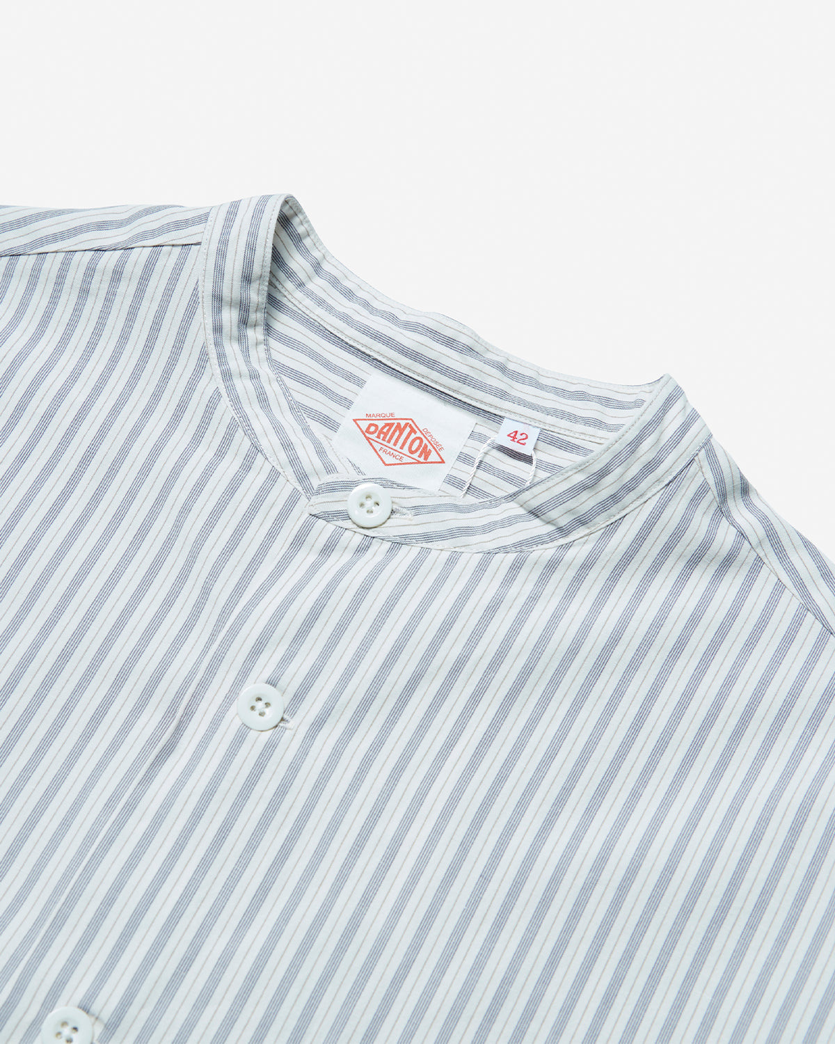 Mens Cotton Linen Short Sleeve Band Collar Shirt Stripe - Ecru/Charcoal Stripe