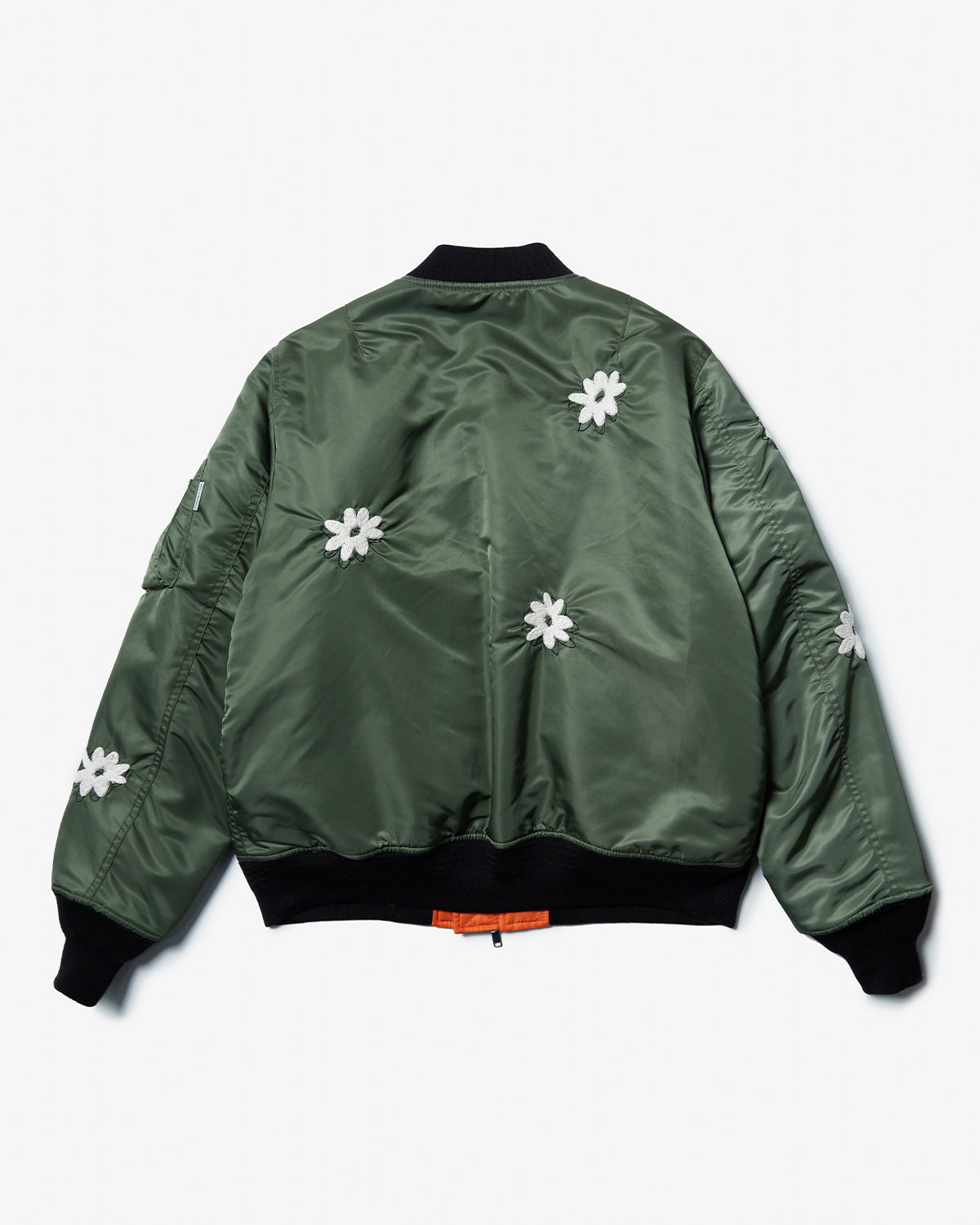 Flower Embroidery Flight Jacket - Olive x White