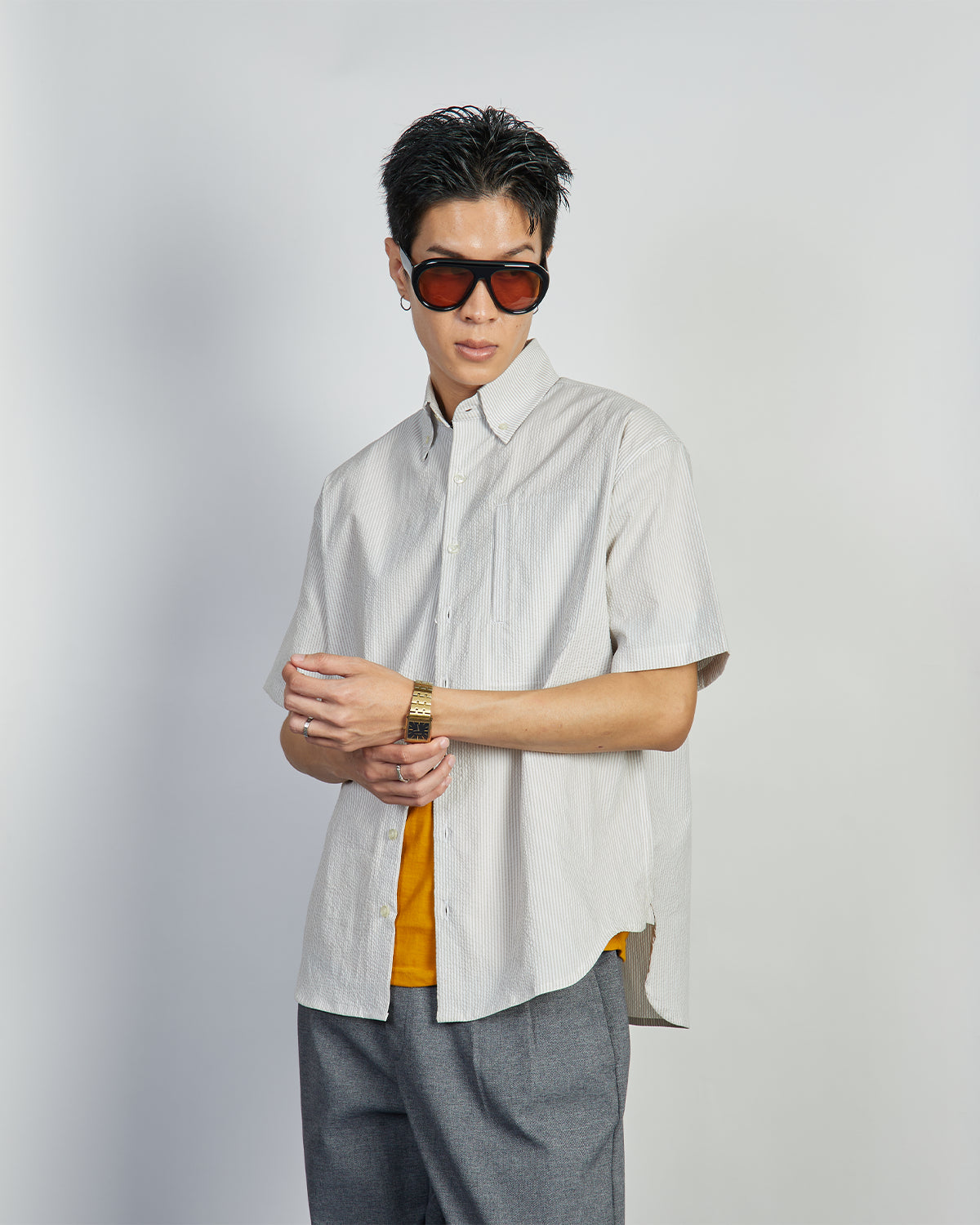 Cooper Shirt - Coolmax Button down Short Sleeve Shirt PolyCotton - Gray Stripes Seersucker