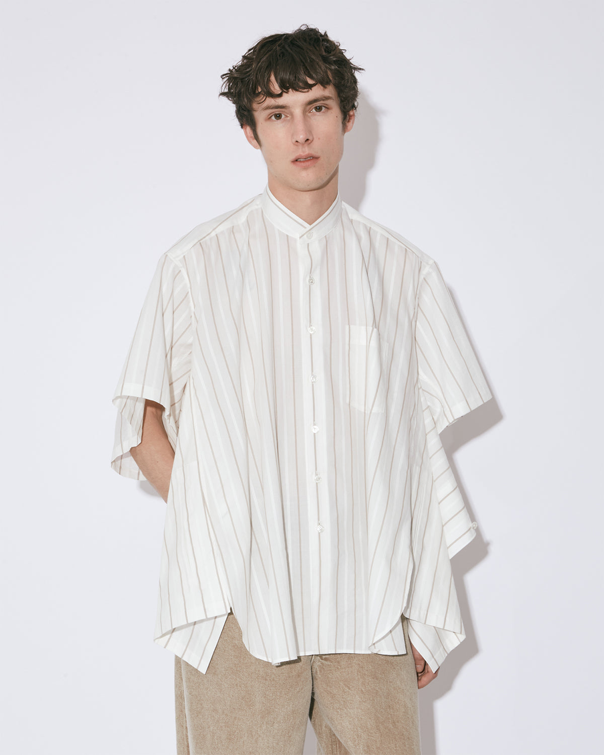 Double End Cotton Silk Jq Stripe Shirt - Ecru × Camel
