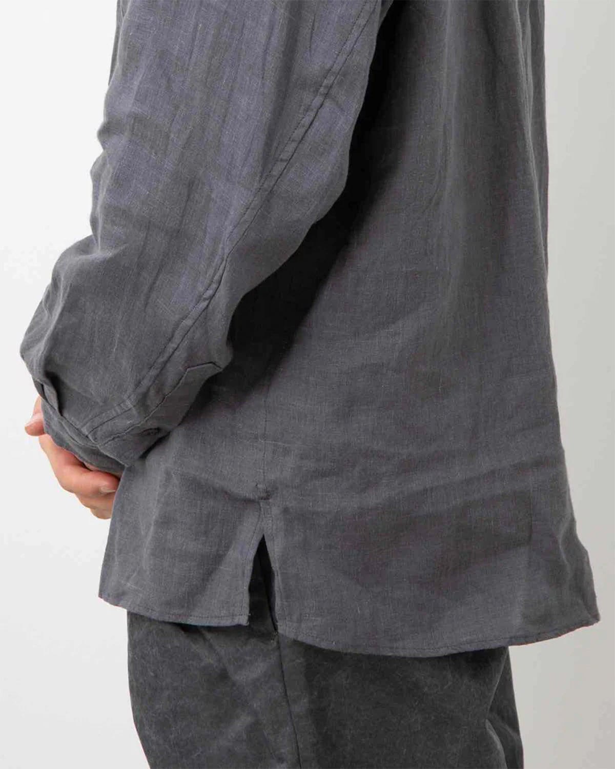 Officer Stand Collar L/S Shirt Linen Canvas - Charcoal