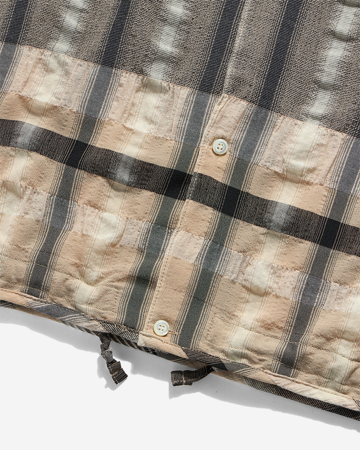 Drawstring Open Collar Shirt - Beige & Black Check