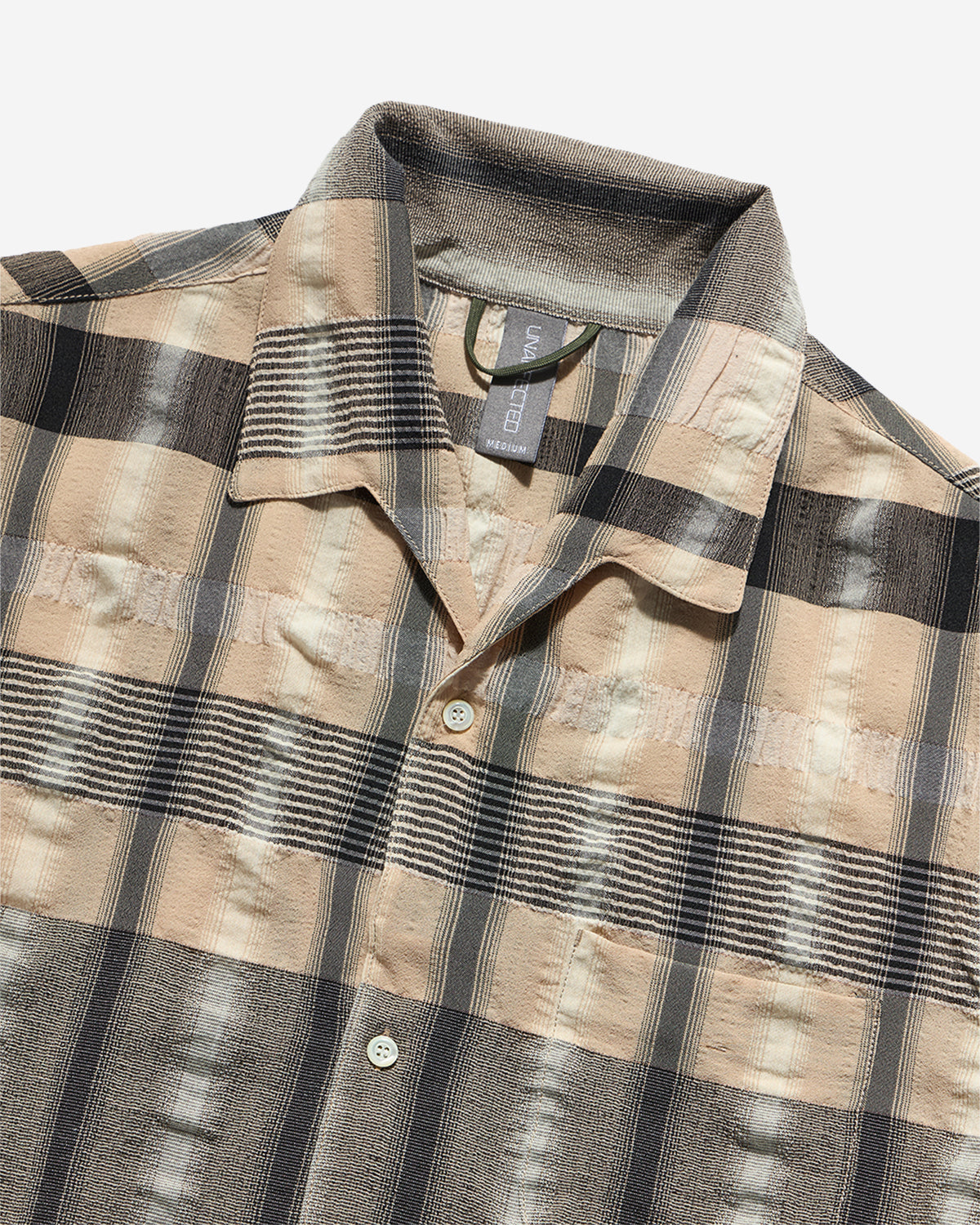 Drawstring Open Collar Shirt - Beige & Black Check