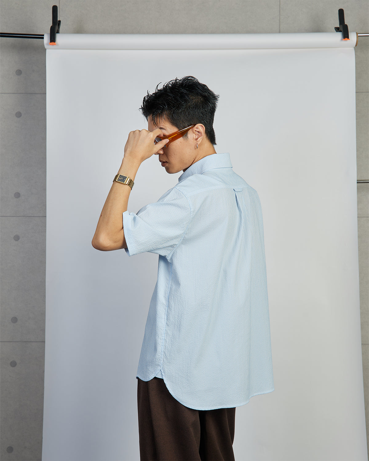Cooper Shirt - Coolmax Button down Short Sleeve Shirt PolyCotton - Blue Stripes Seersucker