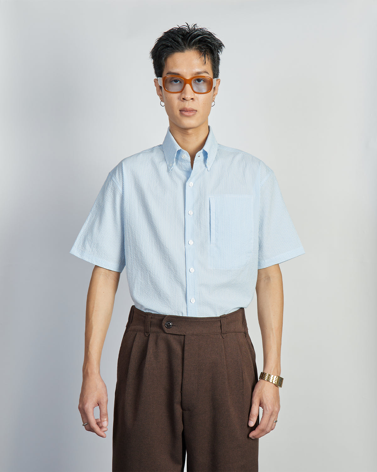 Cooper Shirt - Coolmax Button down Short Sleeve Shirt PolyCotton - Blue Stripes Seersucker