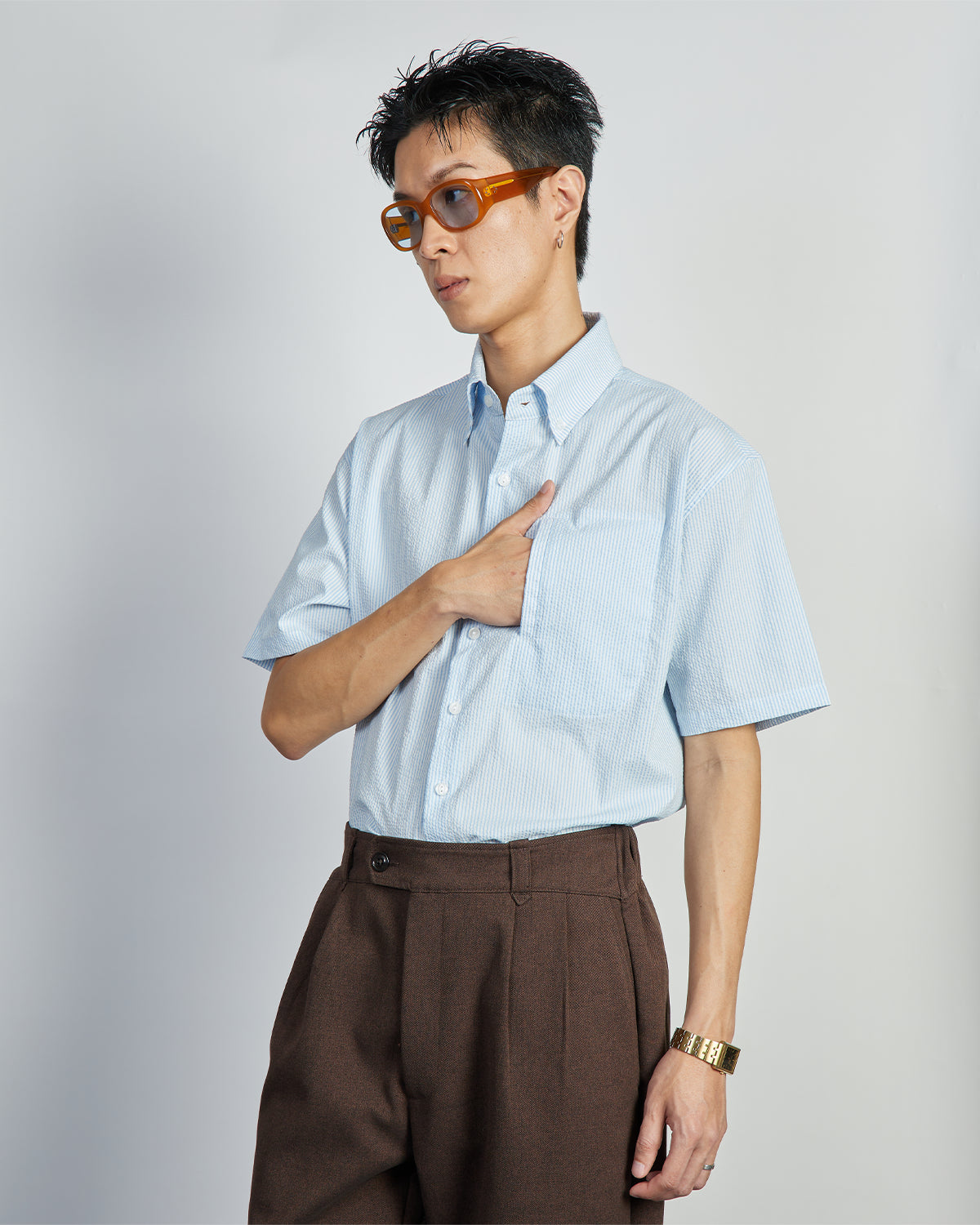 Cooper Shirt - Coolmax Button down Short Sleeve Shirt PolyCotton - Blue Stripes Seersucker