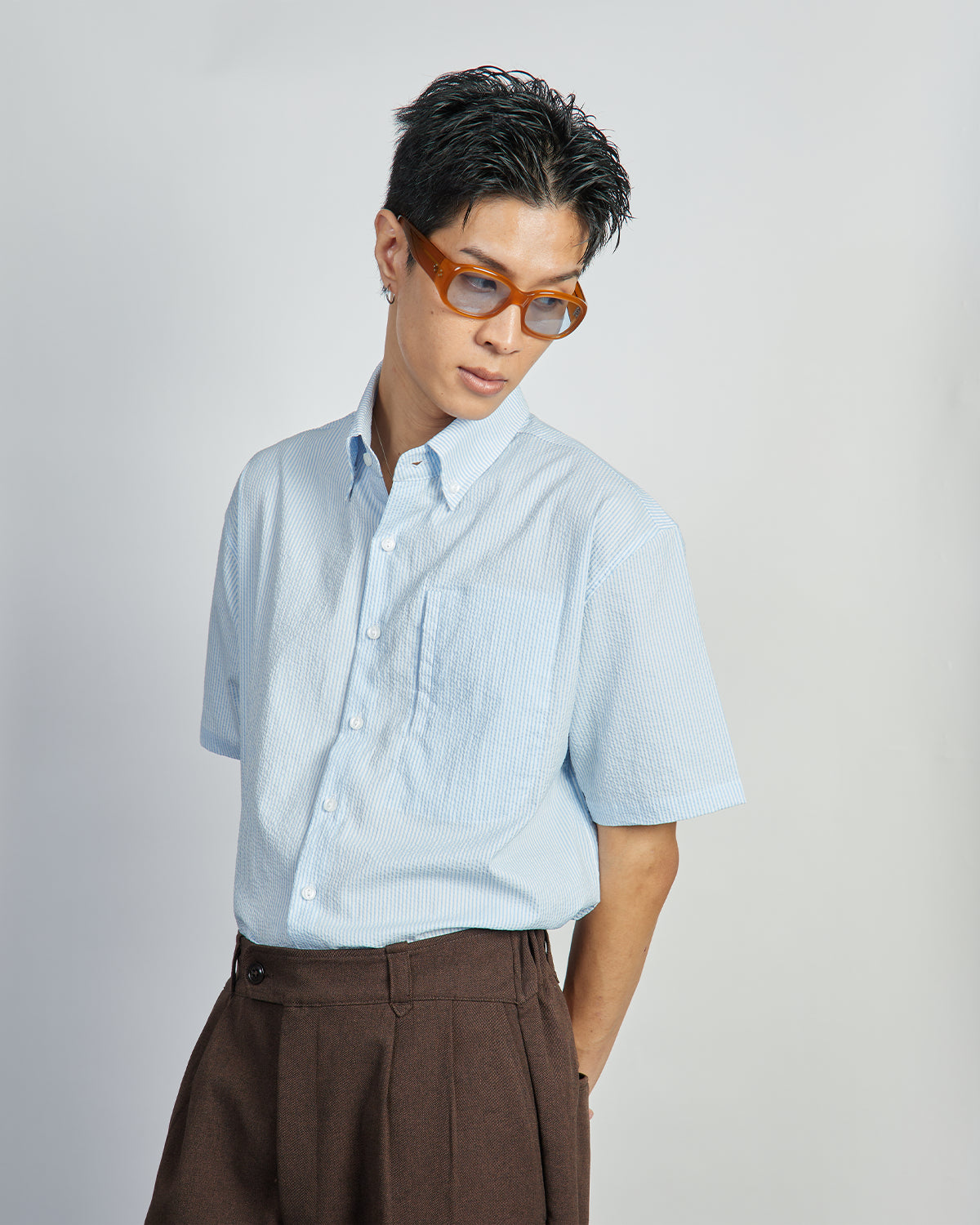 Cooper Shirt - Coolmax Button down Short Sleeve Shirt PolyCotton - Blue Stripes Seersucker