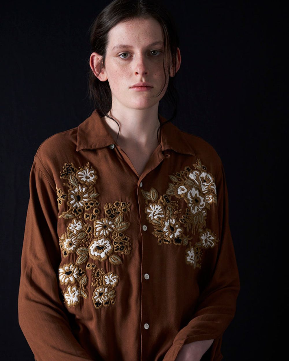 Floral Hand Embroidery Shirt - Walnut