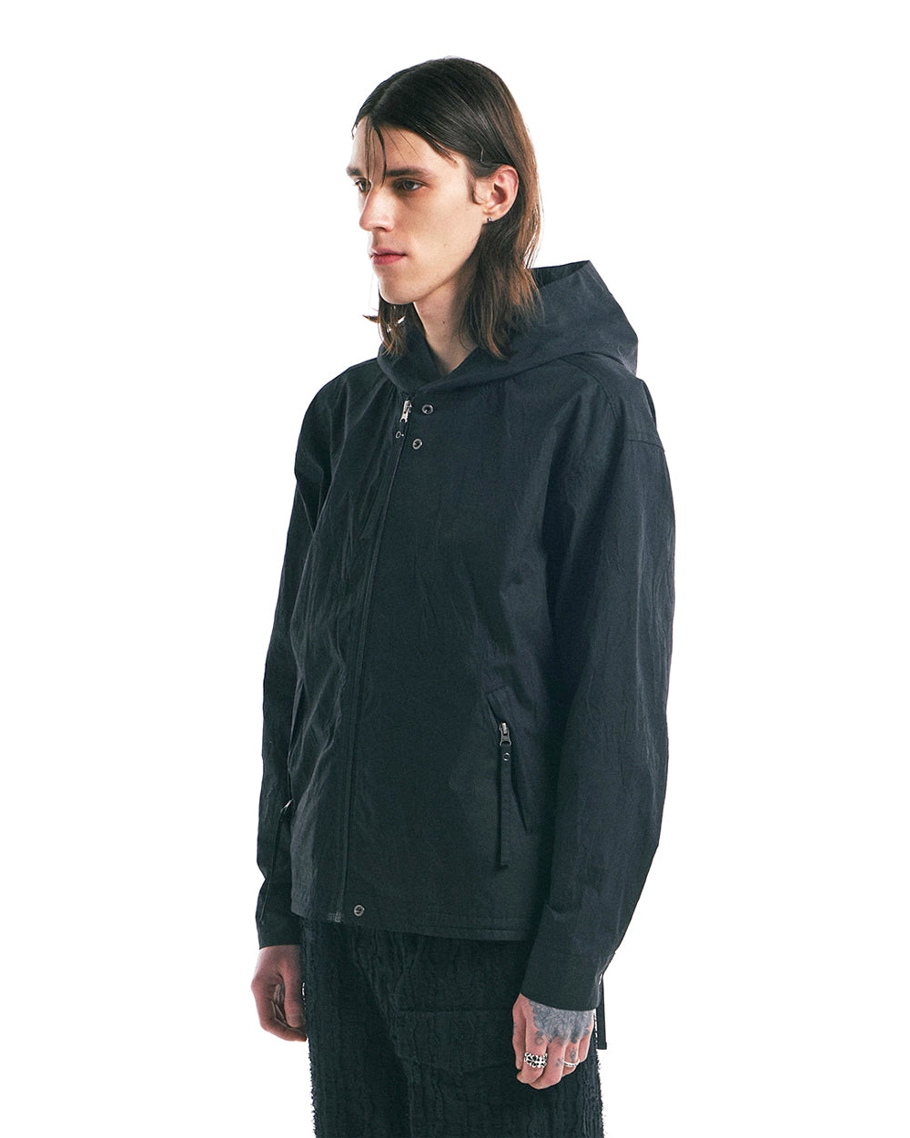 Hooded Zip-Up Shirt - Black