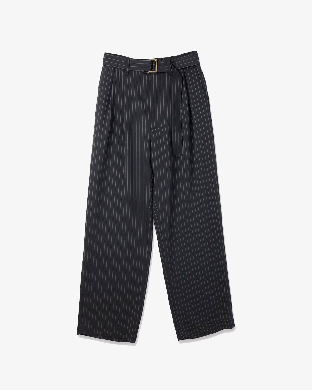 Stripe Double Satin 2 Tuck Wide Pants with Long Belt - Black Stripe