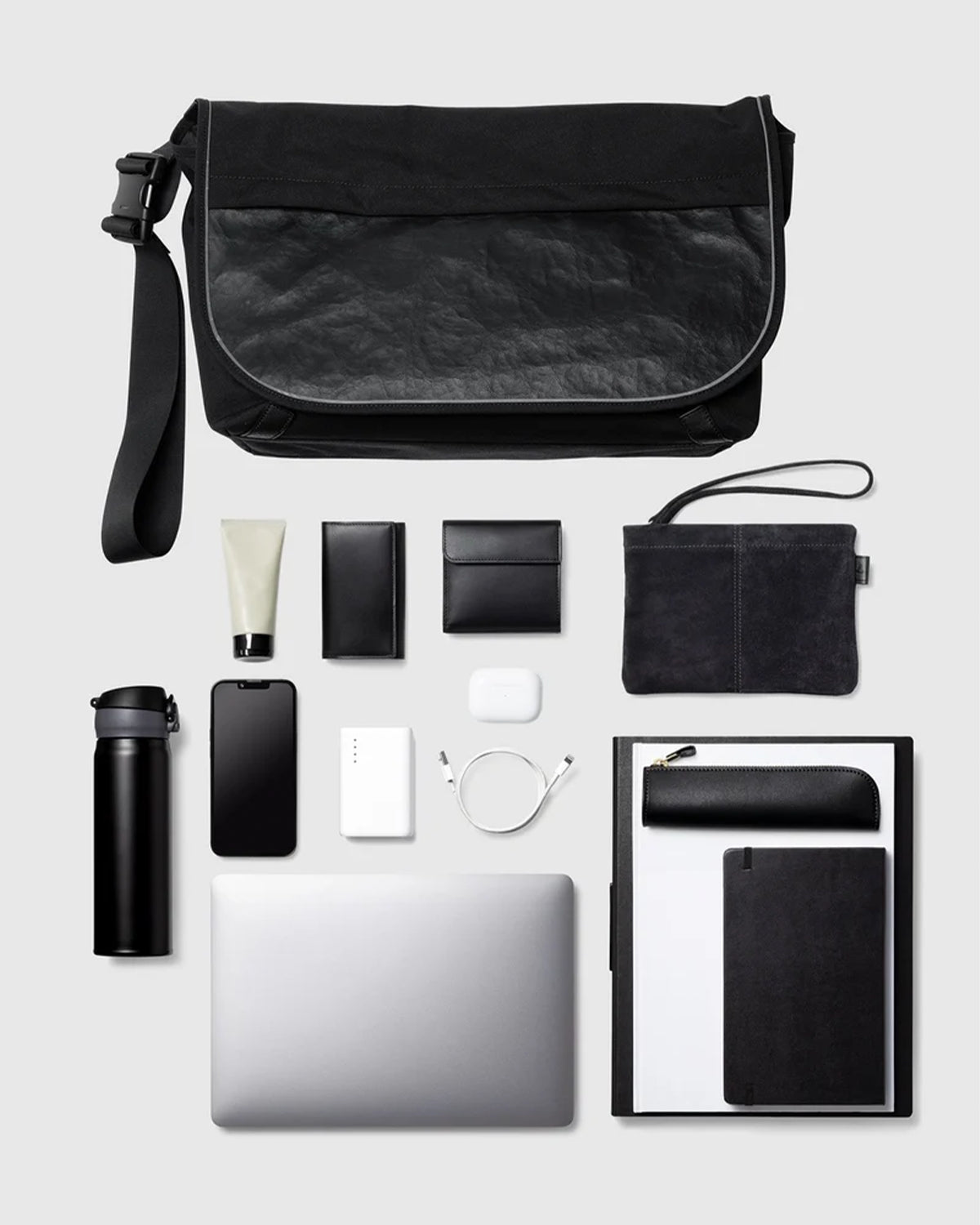 Leather Combi Messenger Bag Large - Black