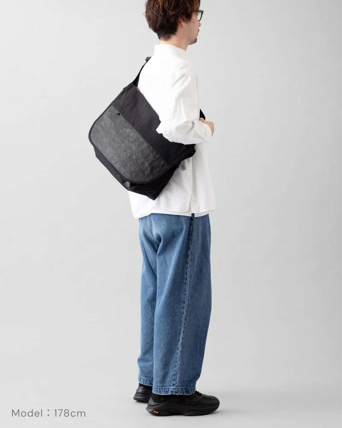 Leather Combi Messenger Bag Large - Black