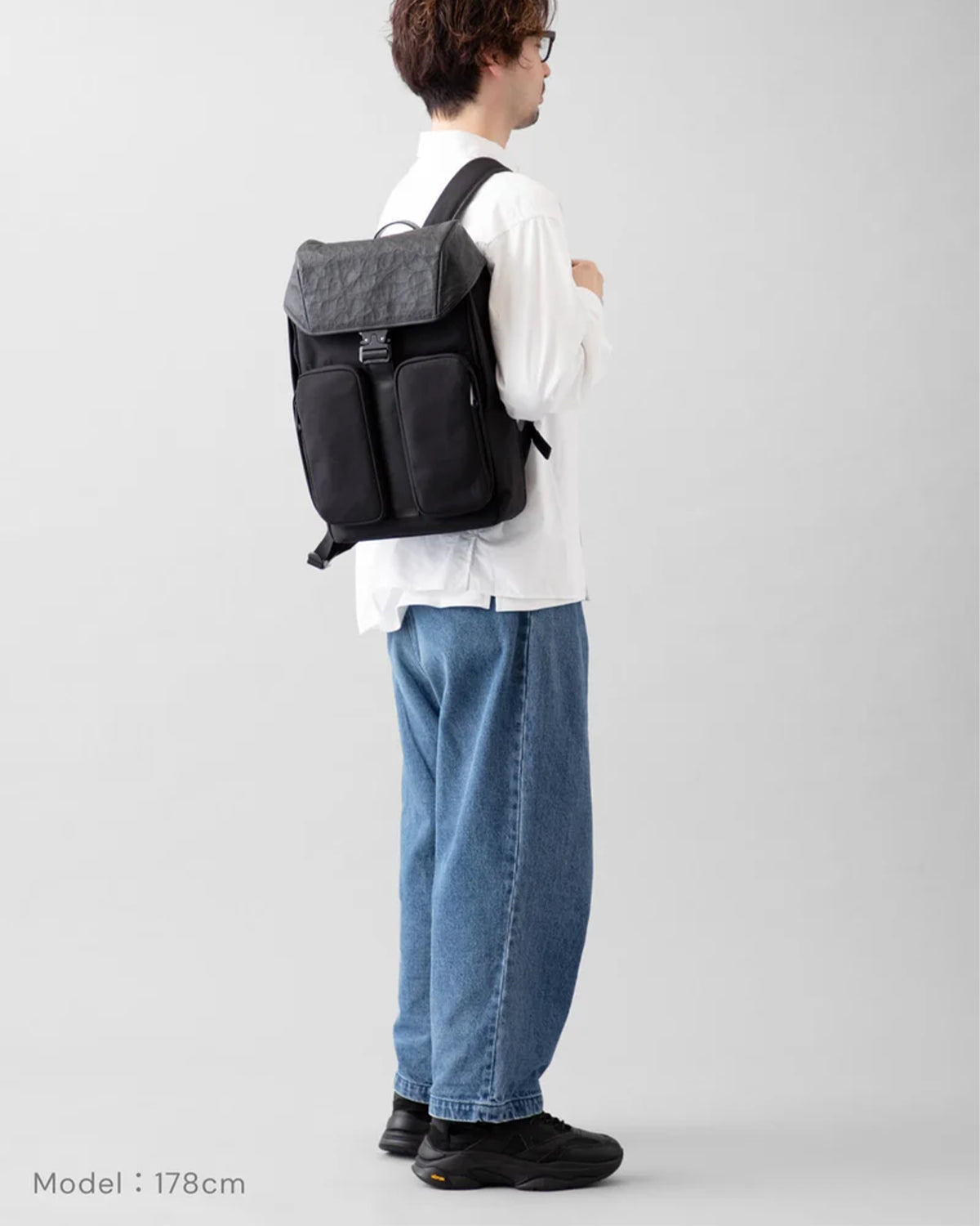 Leather Combi Square Backpack - Black