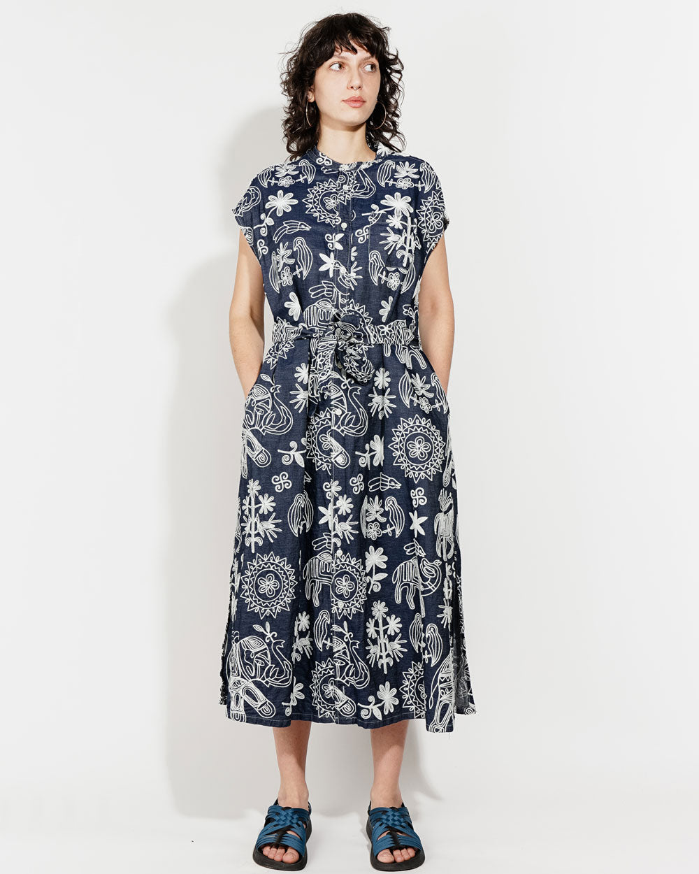 Banded Collar Dress - Indigo Floral Embroidery Denim