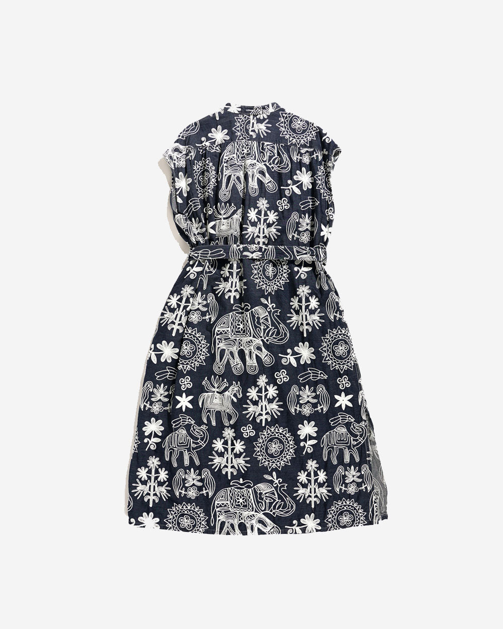 Banded Collar Dress - Indigo Floral Embroidery Denim