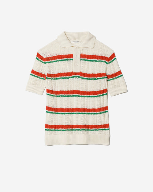 Kids Striped Lace Knit Polo Pullover - Ecru