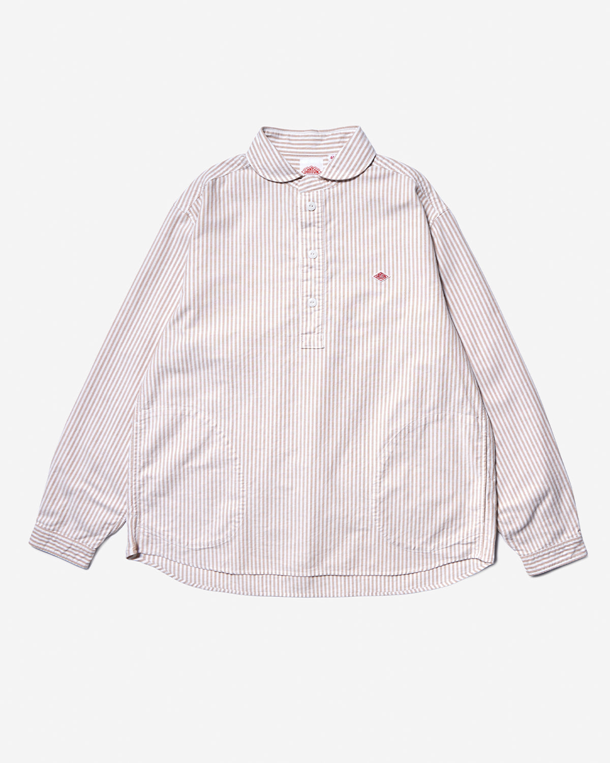 Mens Oxford Round Collar Pullover Shirt Pattern - Beige×White Stripe