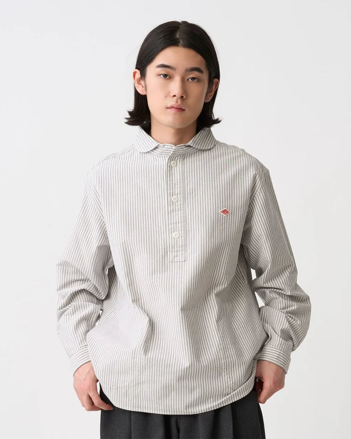 Mens Oxford Round Collar Pullover Shirt Pattern - Navy×Ecru Stripe