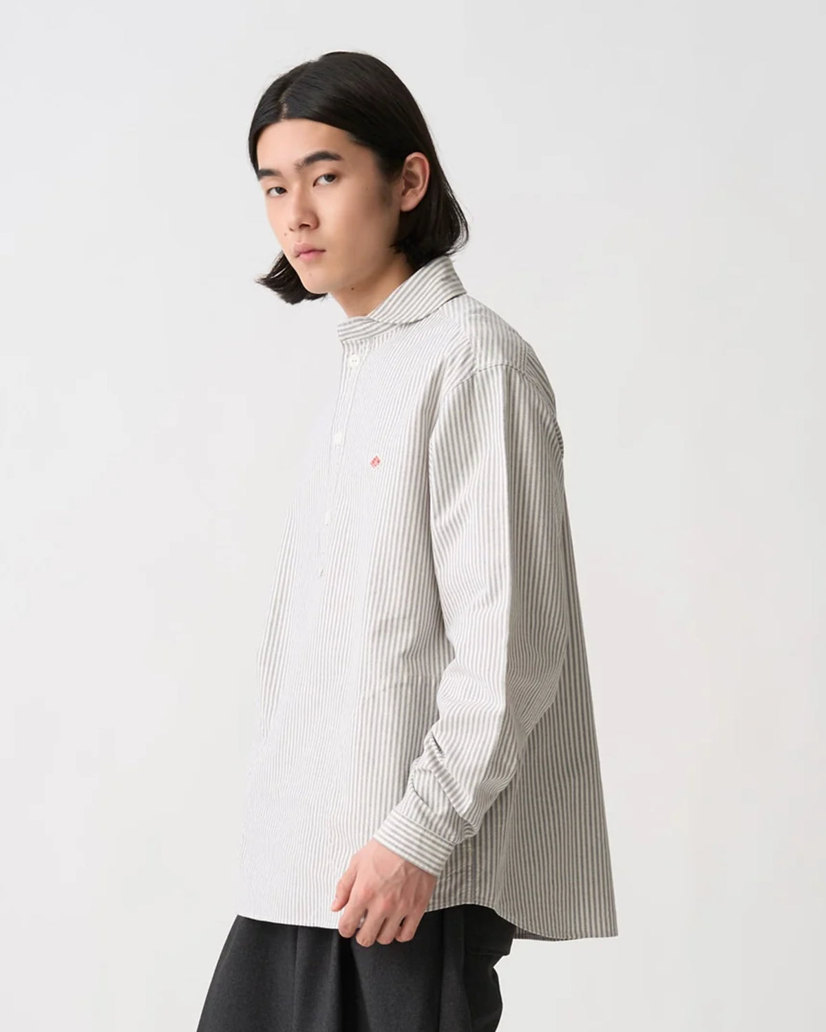 Mens Oxford Round Collar Pullover Shirt Pattern - Navy×Ecru Stripe