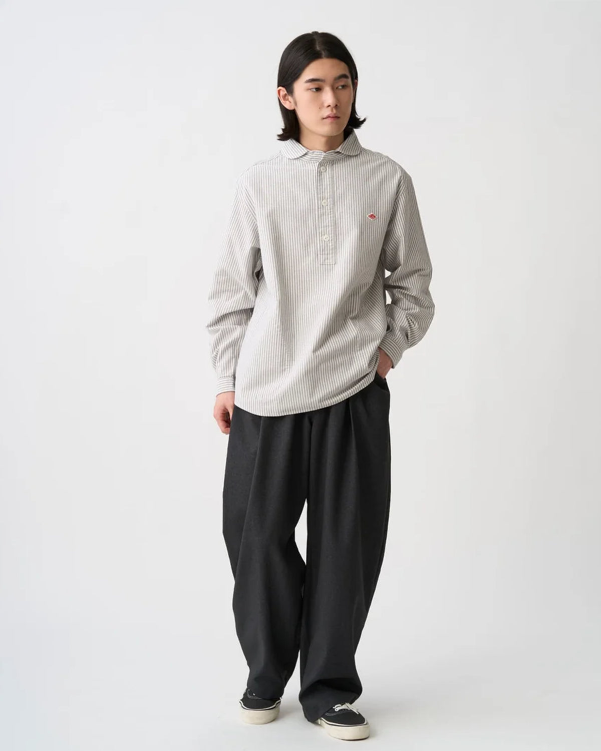 Mens Oxford Round Collar Pullover Shirt Pattern - Navy×Ecru Stripe