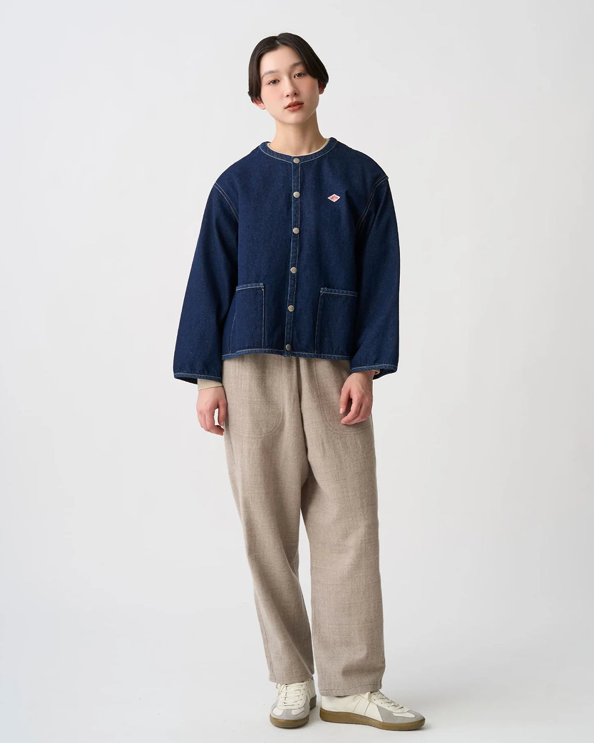 Womens Denim Collarless Jacket - Indigo