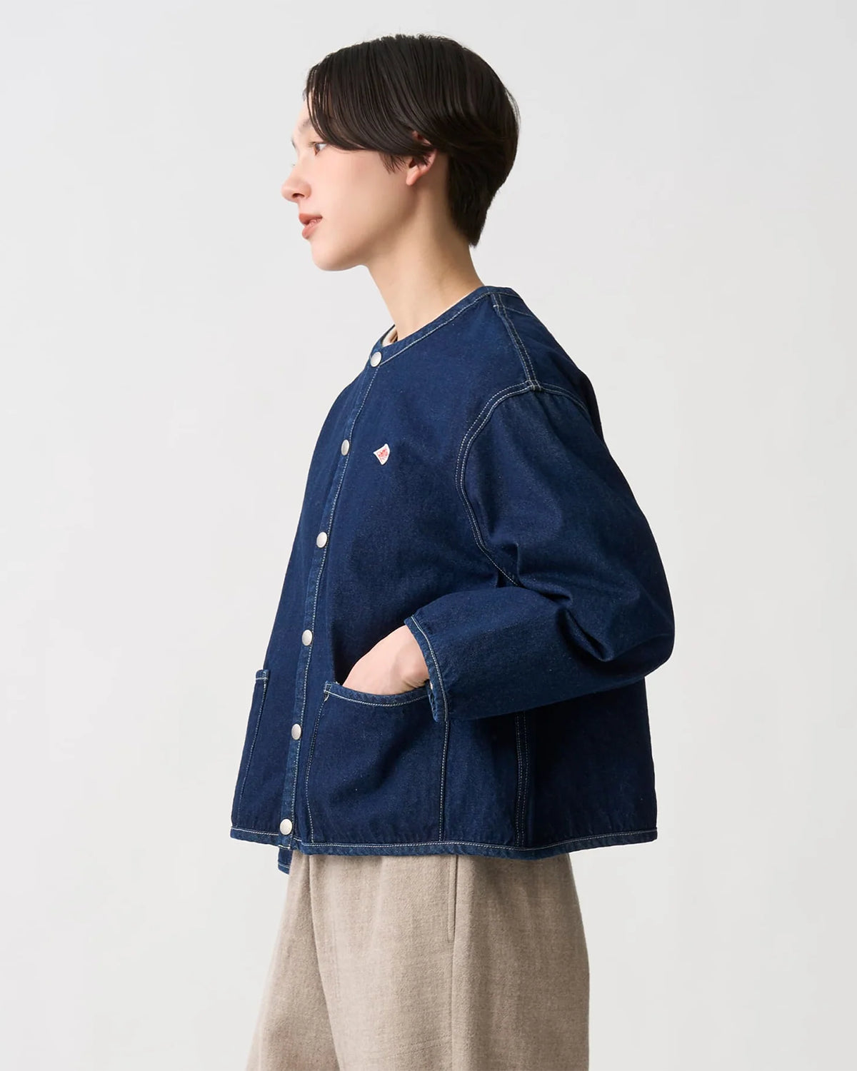 Womens Denim Collarless Jacket - Indigo