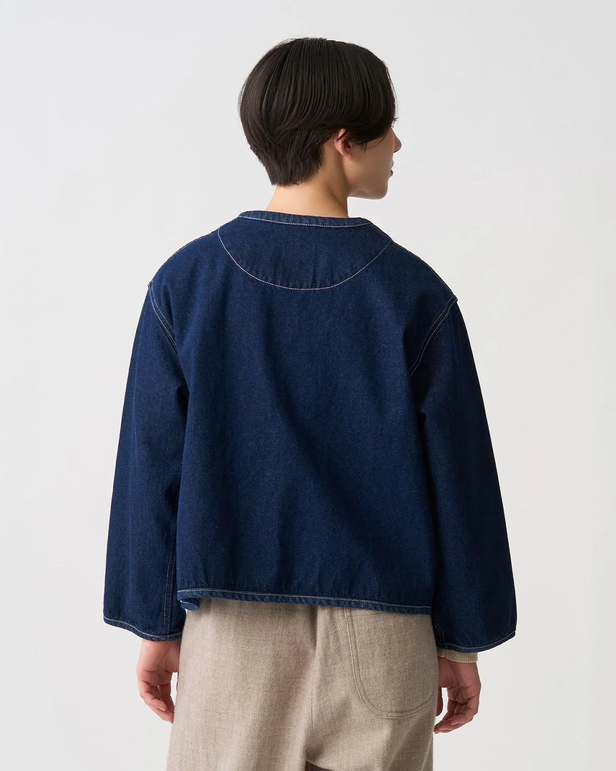Womens Denim Collarless Jacket - Indigo