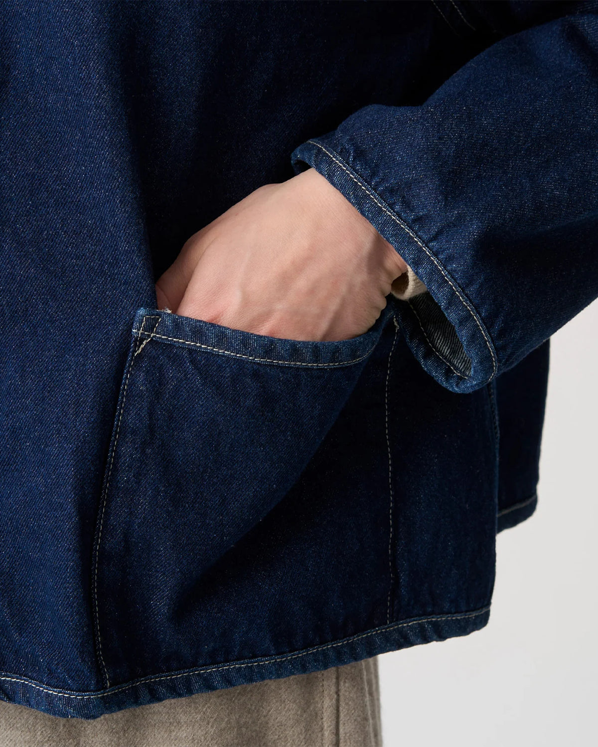 Womens Denim Collarless Jacket - Indigo