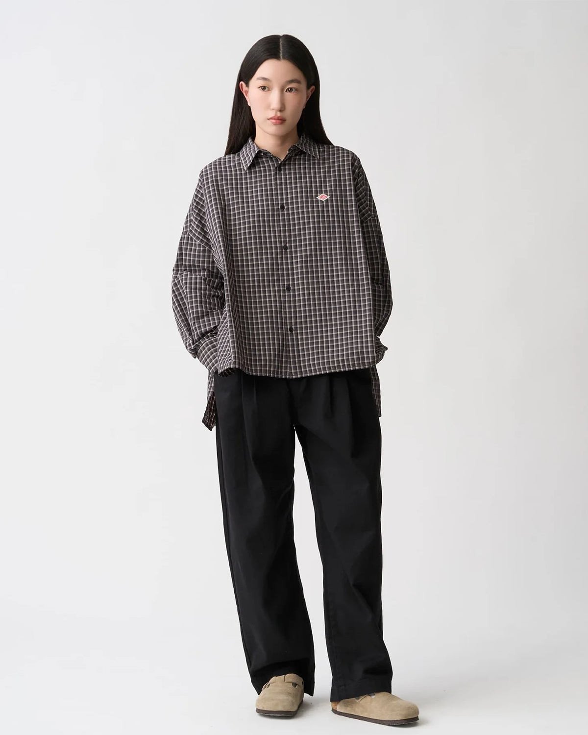 Womens Nylon Regular Collar Shirt - Black Check