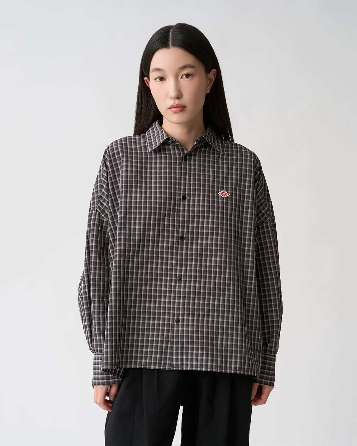 Womens Nylon Regular Collar Shirt - Black Check