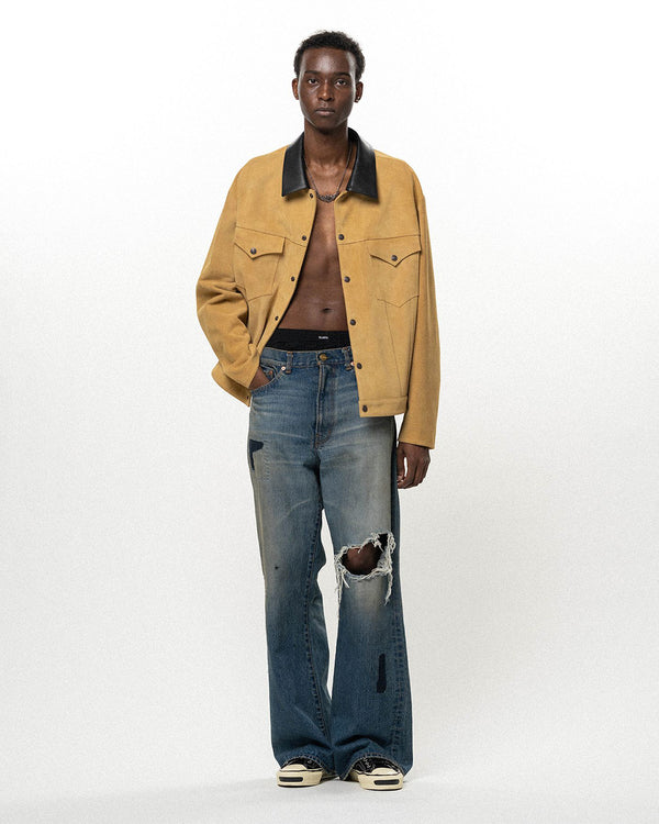 Repaired Wide Bootcut Denim Pants - Indigo