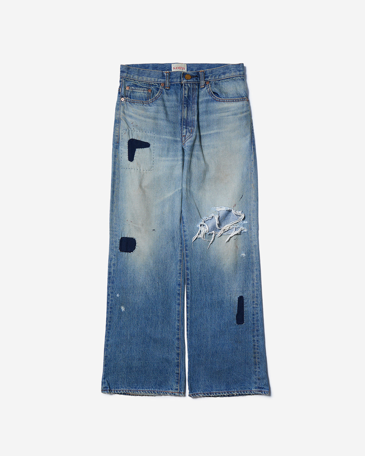 Repaired Wide Bootcut Denim Pants - Indigo
