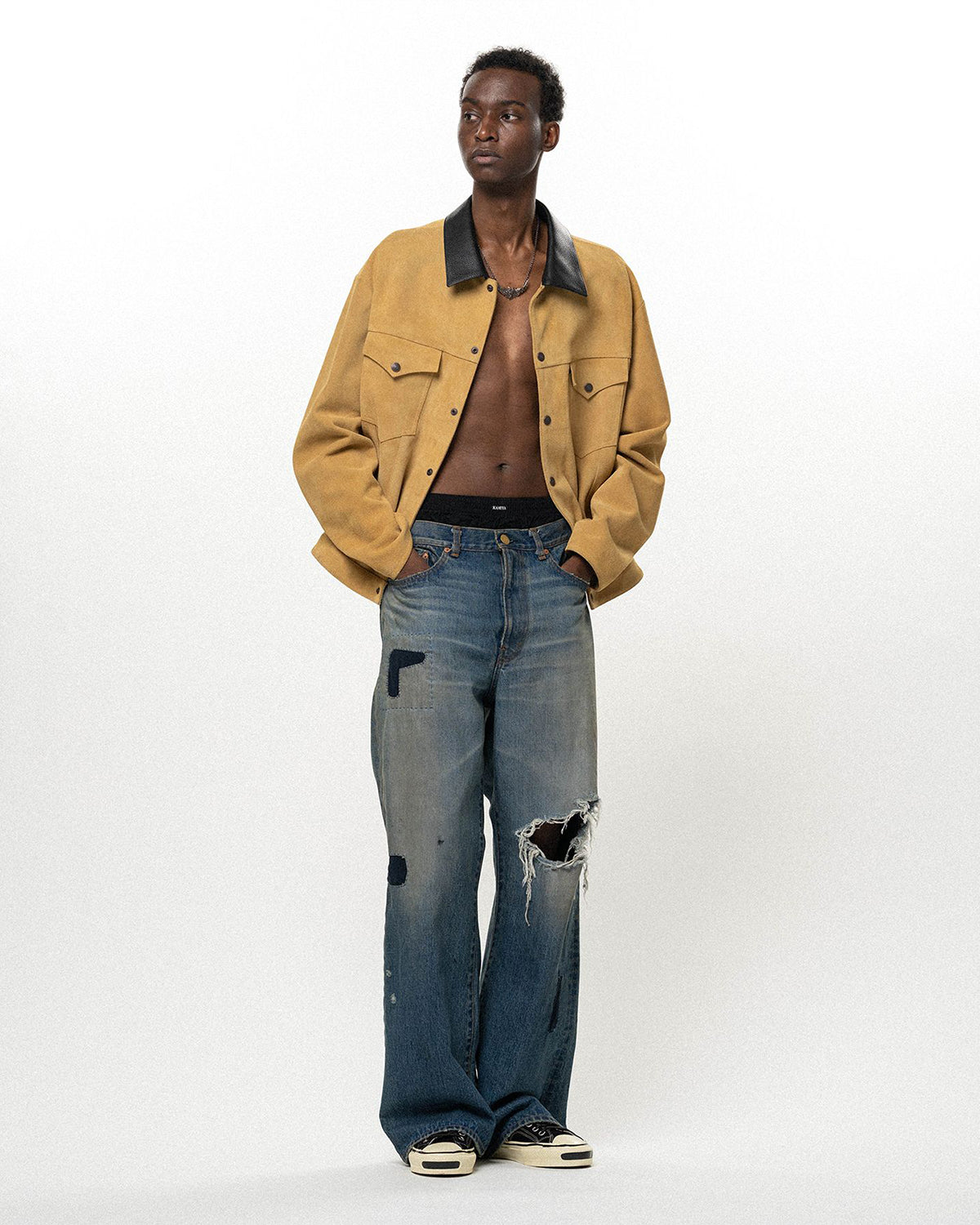Repaired Wide Bootcut Denim Pants - Indigo