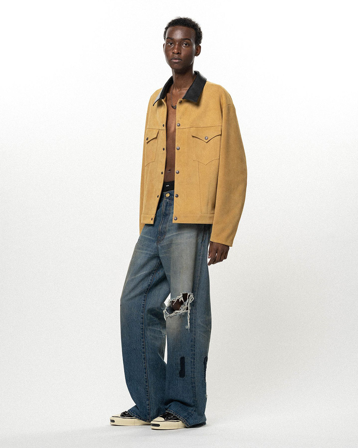 Repaired Wide Bootcut Denim Pants - Indigo