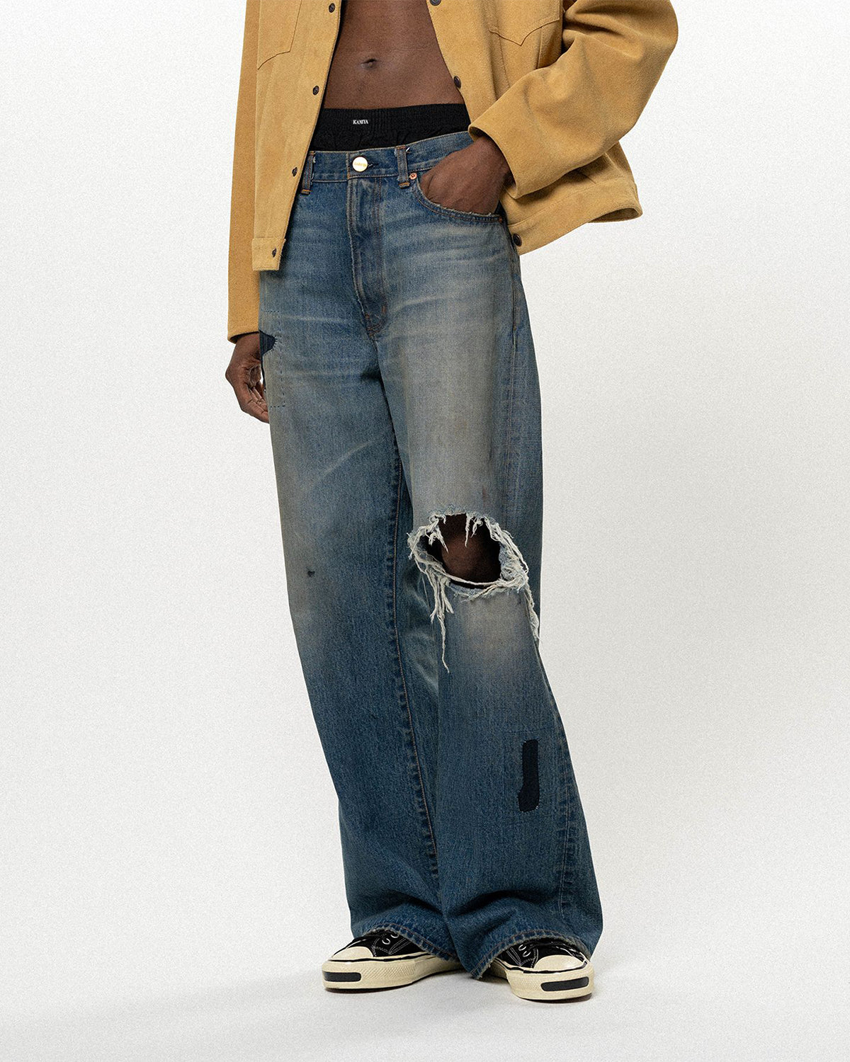 Repaired Wide Bootcut Denim Pants - Indigo