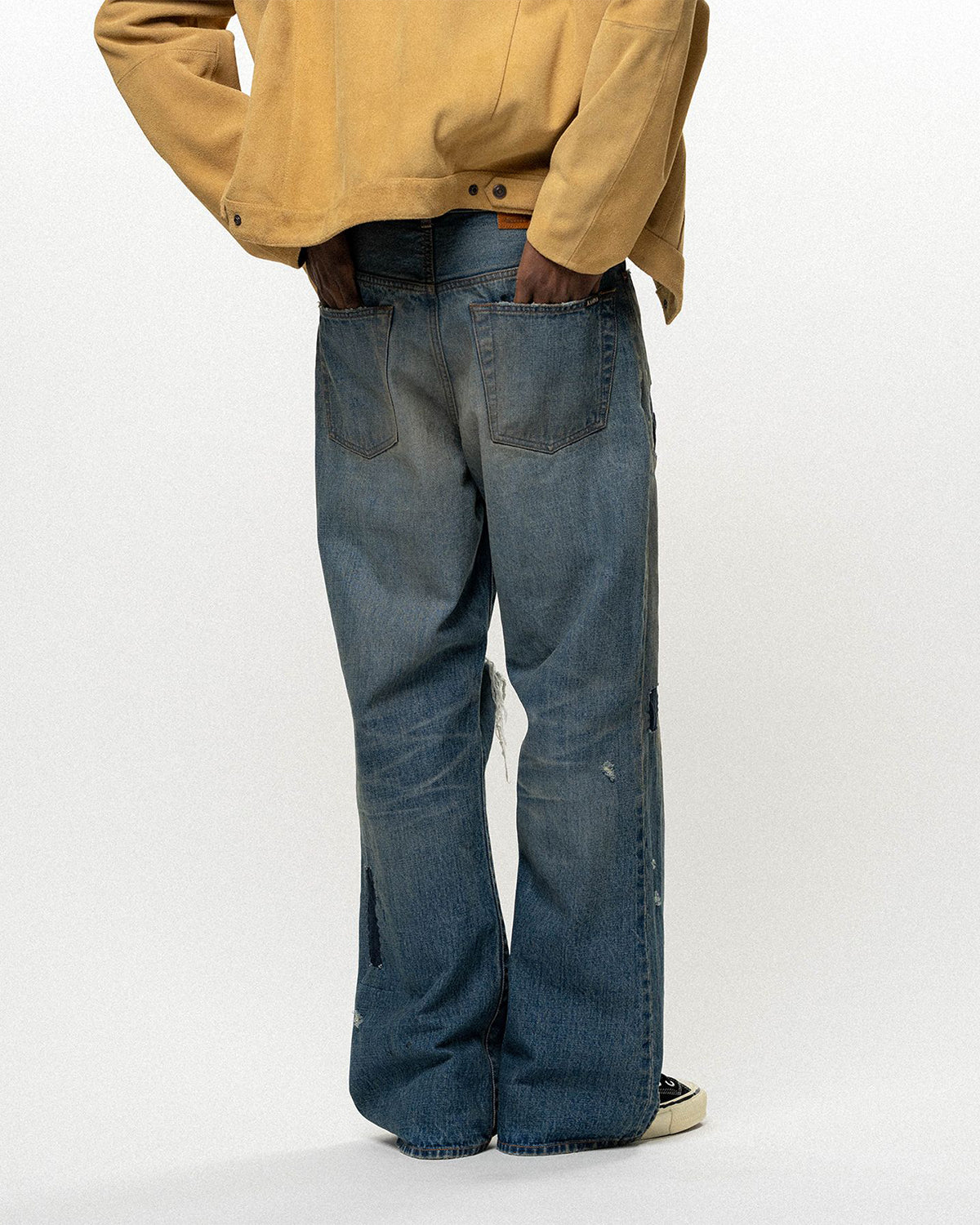 Repaired Wide Bootcut Denim Pants - Indigo