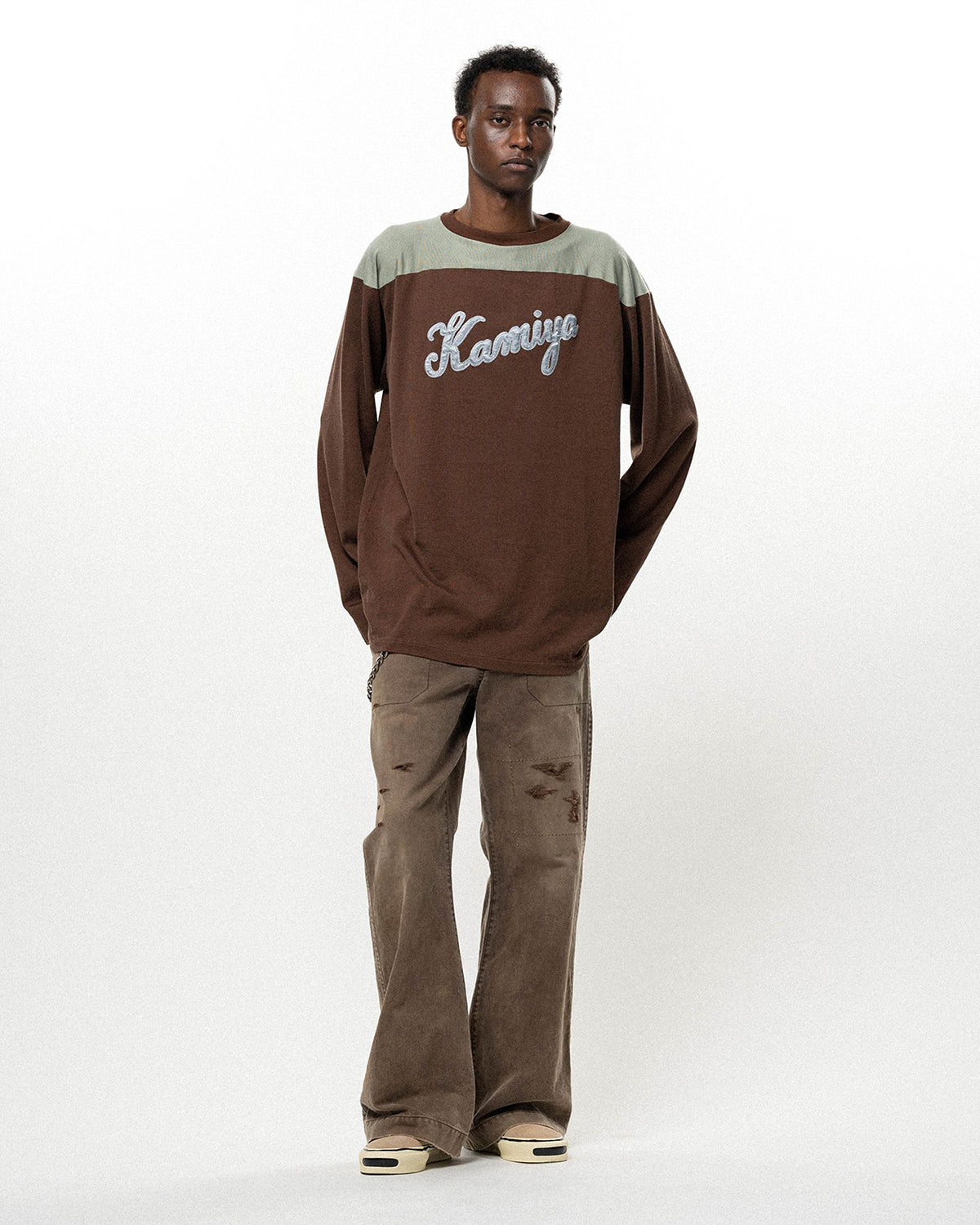 Satin Patch Football L/S T-shirt - Brown