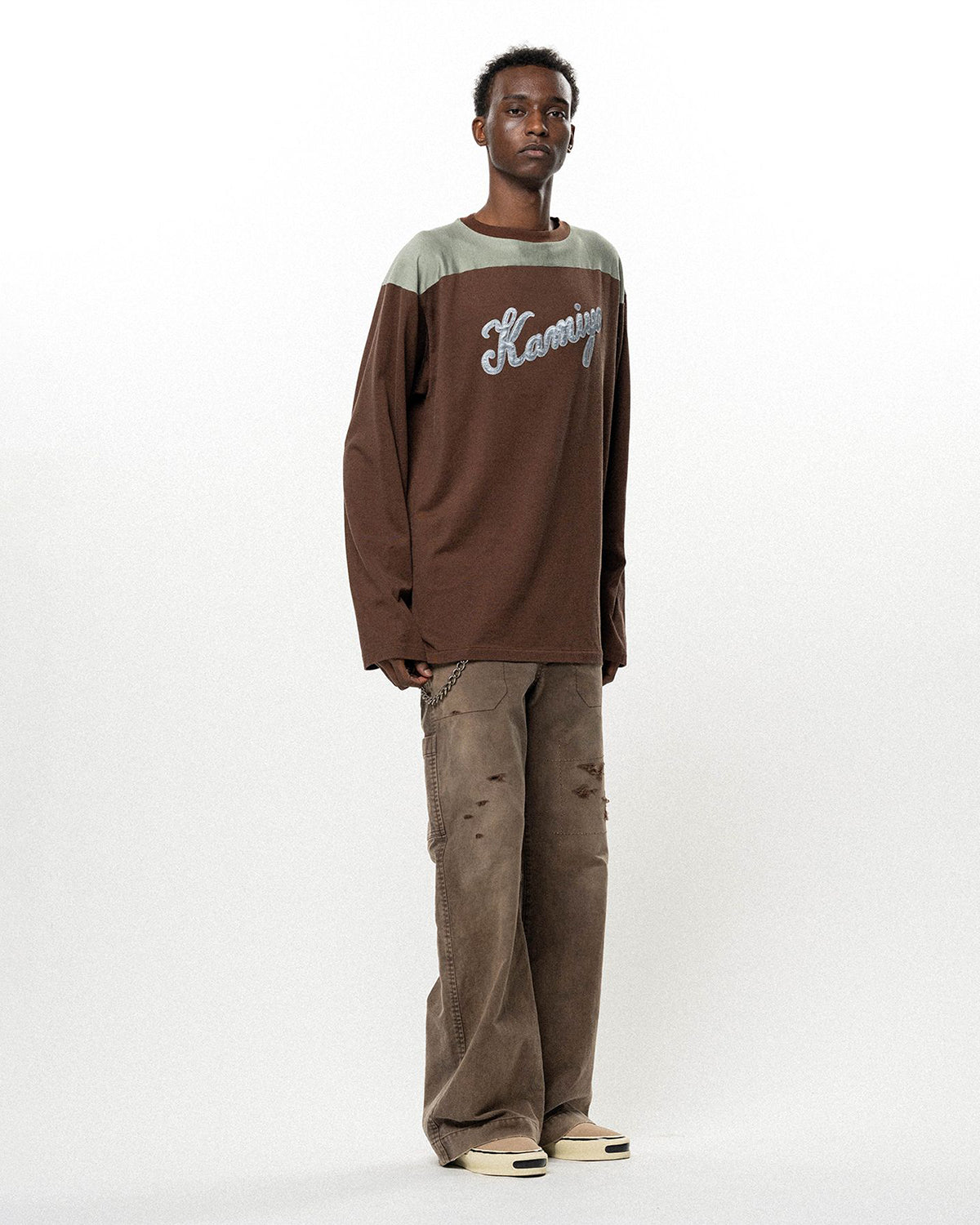 Satin Patch Football L/S T-shirt - Brown