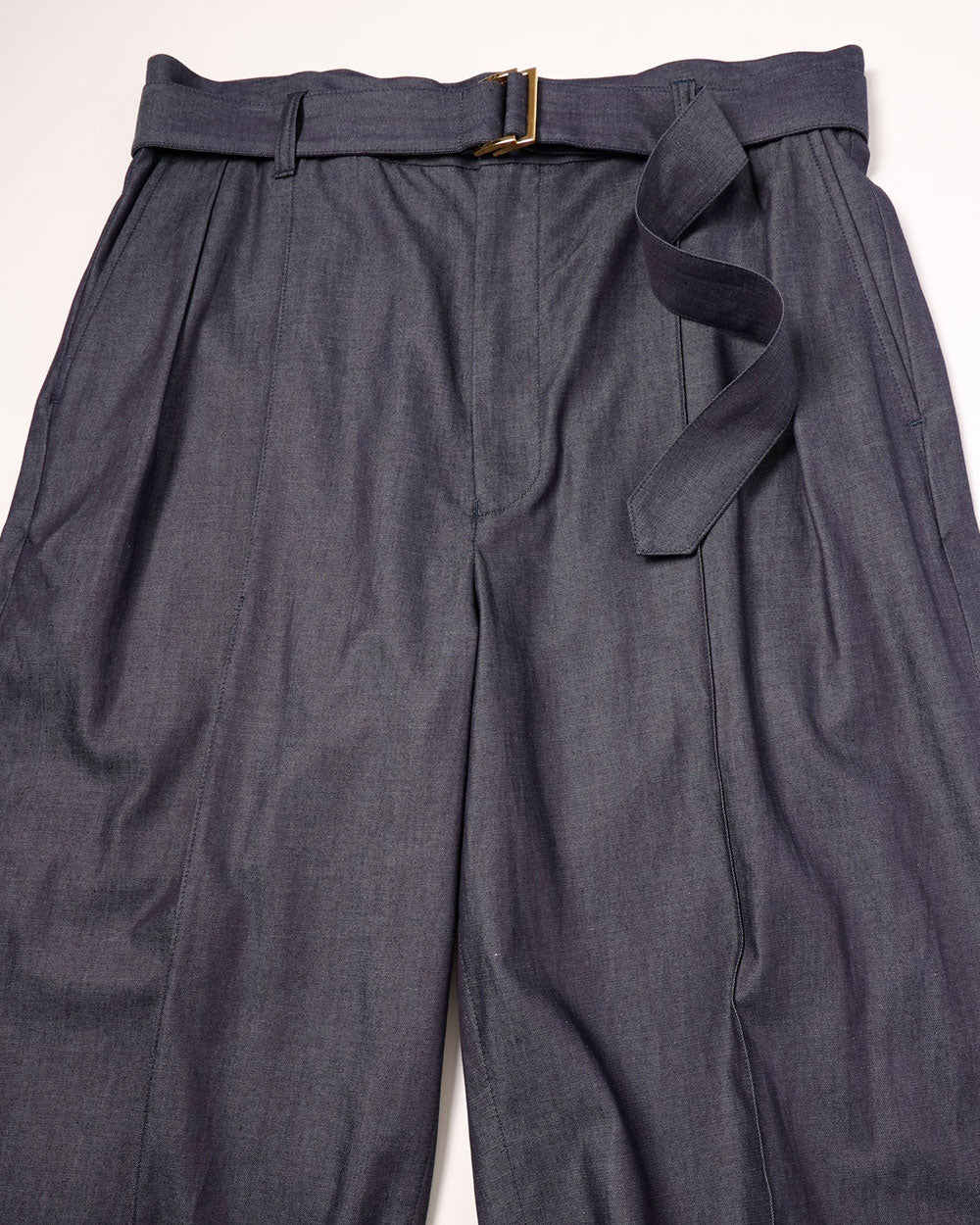 Light Denim Pin Tuck Wide Pants with Long Belt - Navy