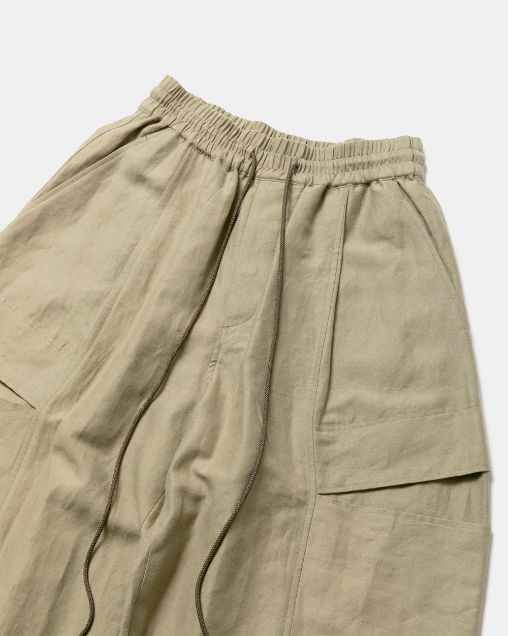 Linen Cotton Satin Bow Silhouette Pants - Olive