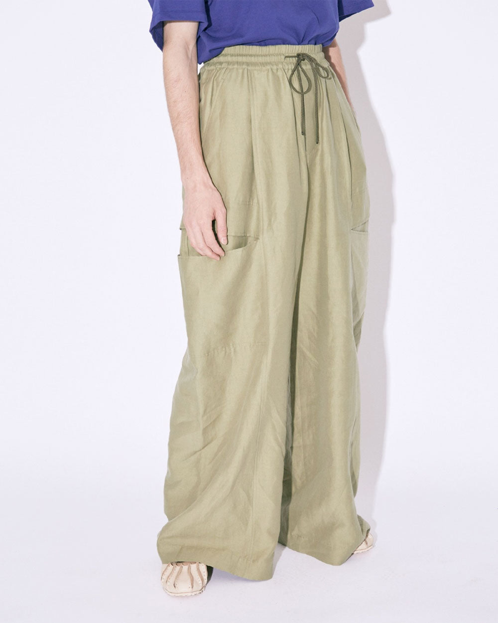 Linen Cotton Satin Bow Silhouette Pants - Olive