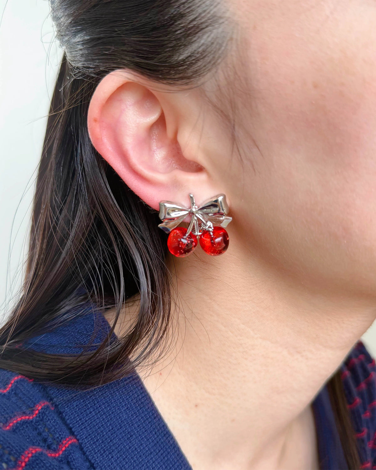 Twin Cherry Ribbon Earrings (Clip-on)