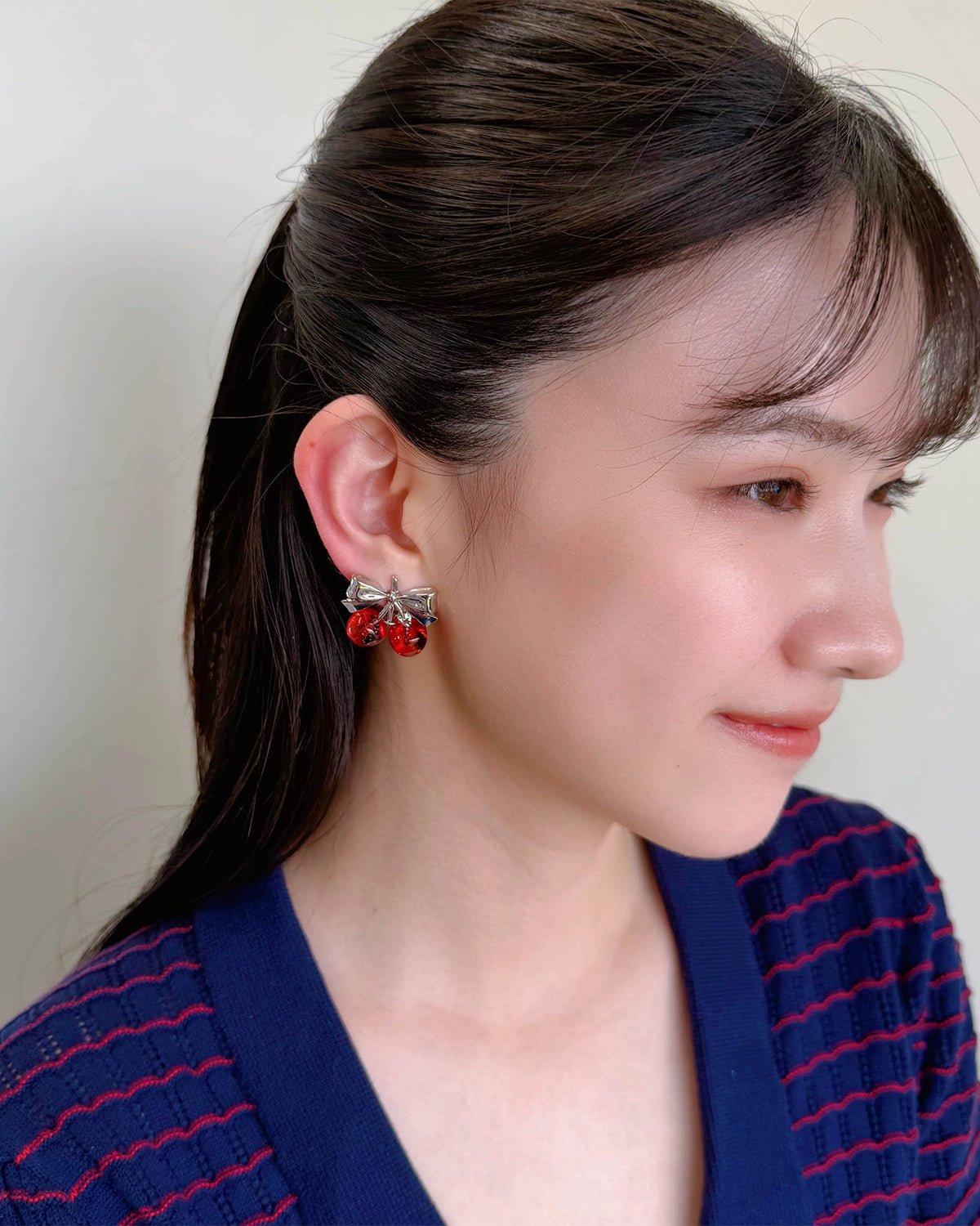 Twin Cherry Ribbon Earrings (Clip-on)