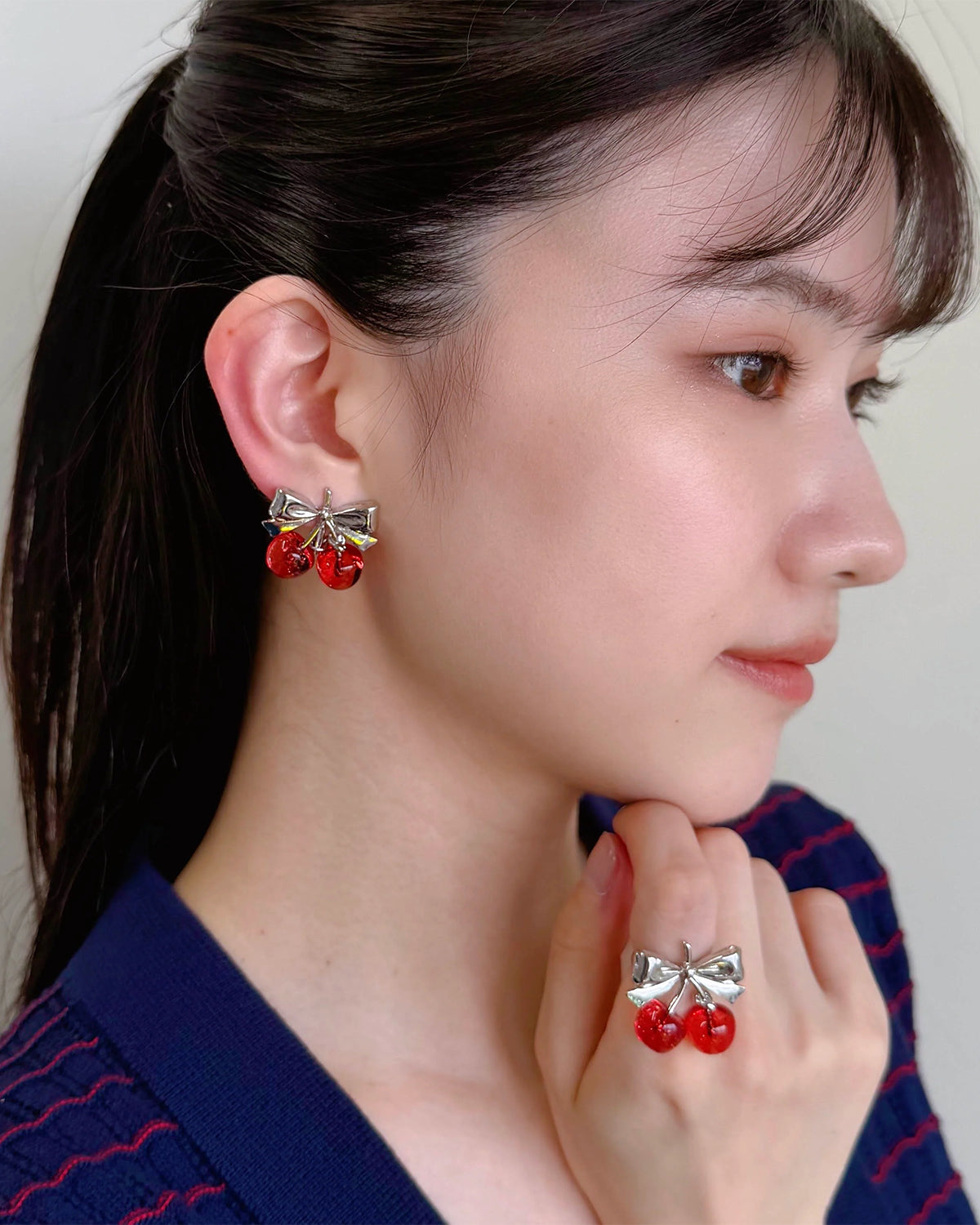 Twin Cherry Ribbon Earrings (Clip-on)