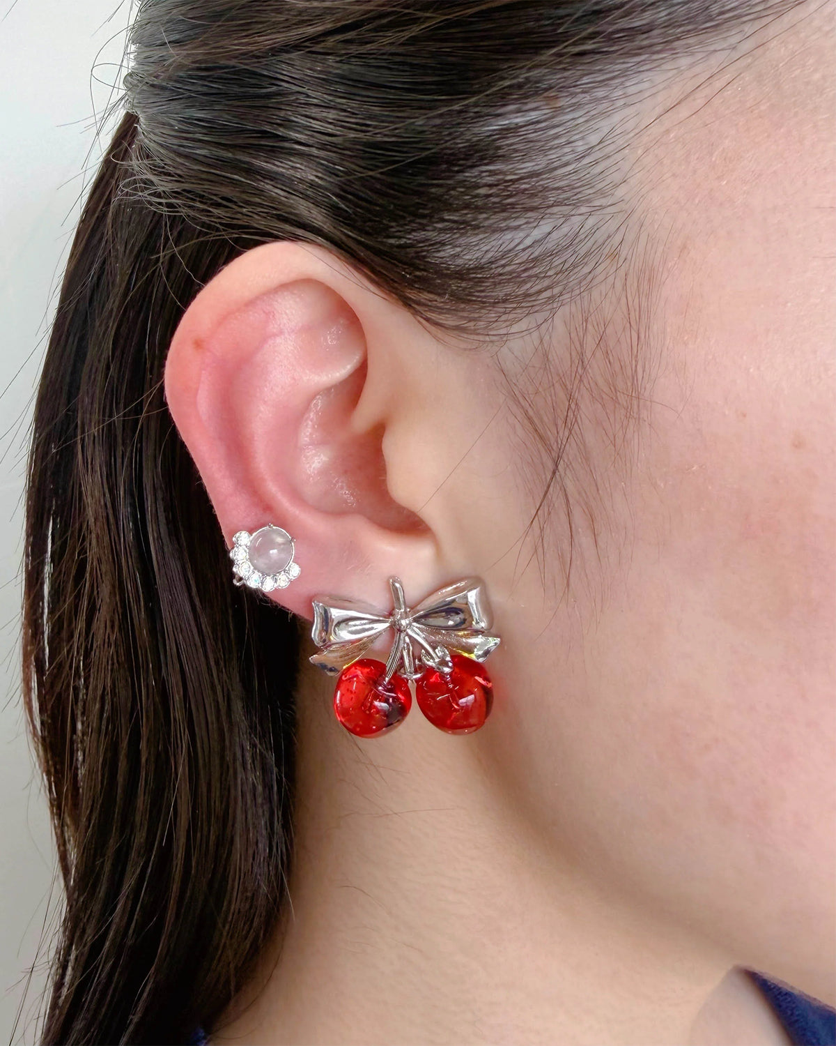 Twin Cherry Ribbon Earrings (Clip-on)