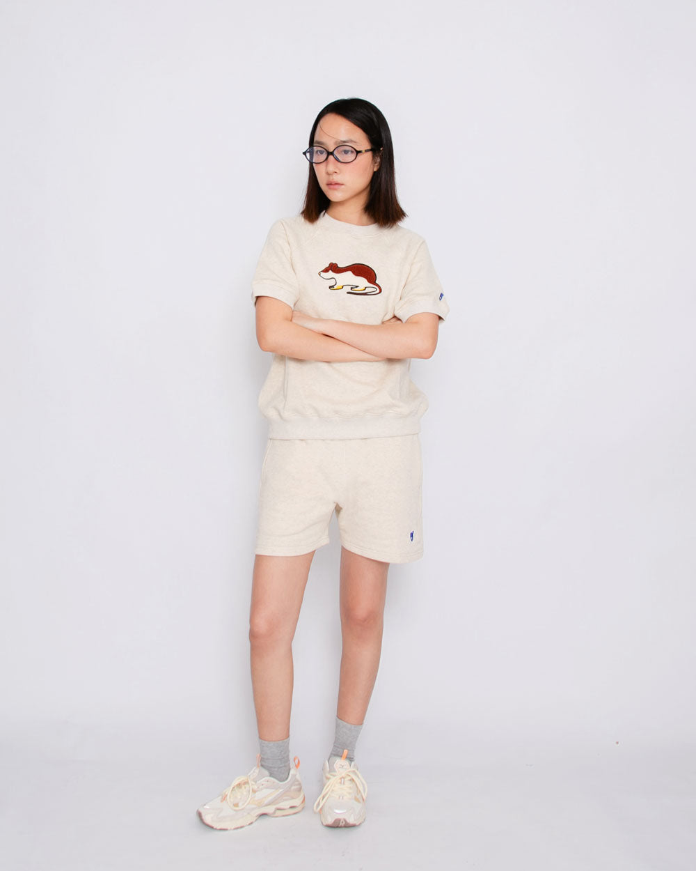 Short Sleeve Sweatshirt - Rat Embroidery - Oatmeal